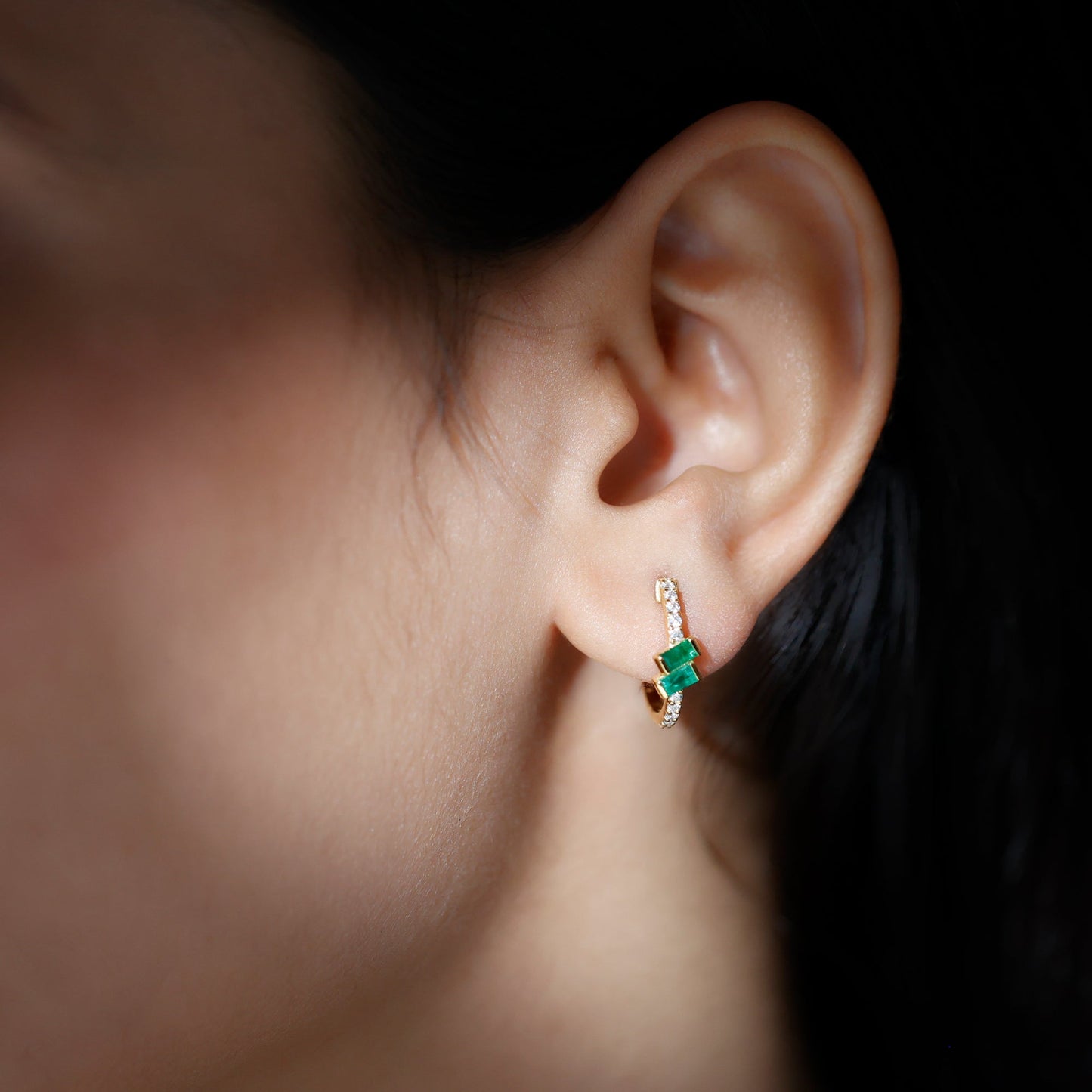 Baguette Emerald and Diamond Hoop Earrings For Women