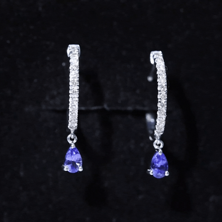 Real Tanzanite Teardrop Hoop Earrings with Diamond Accent