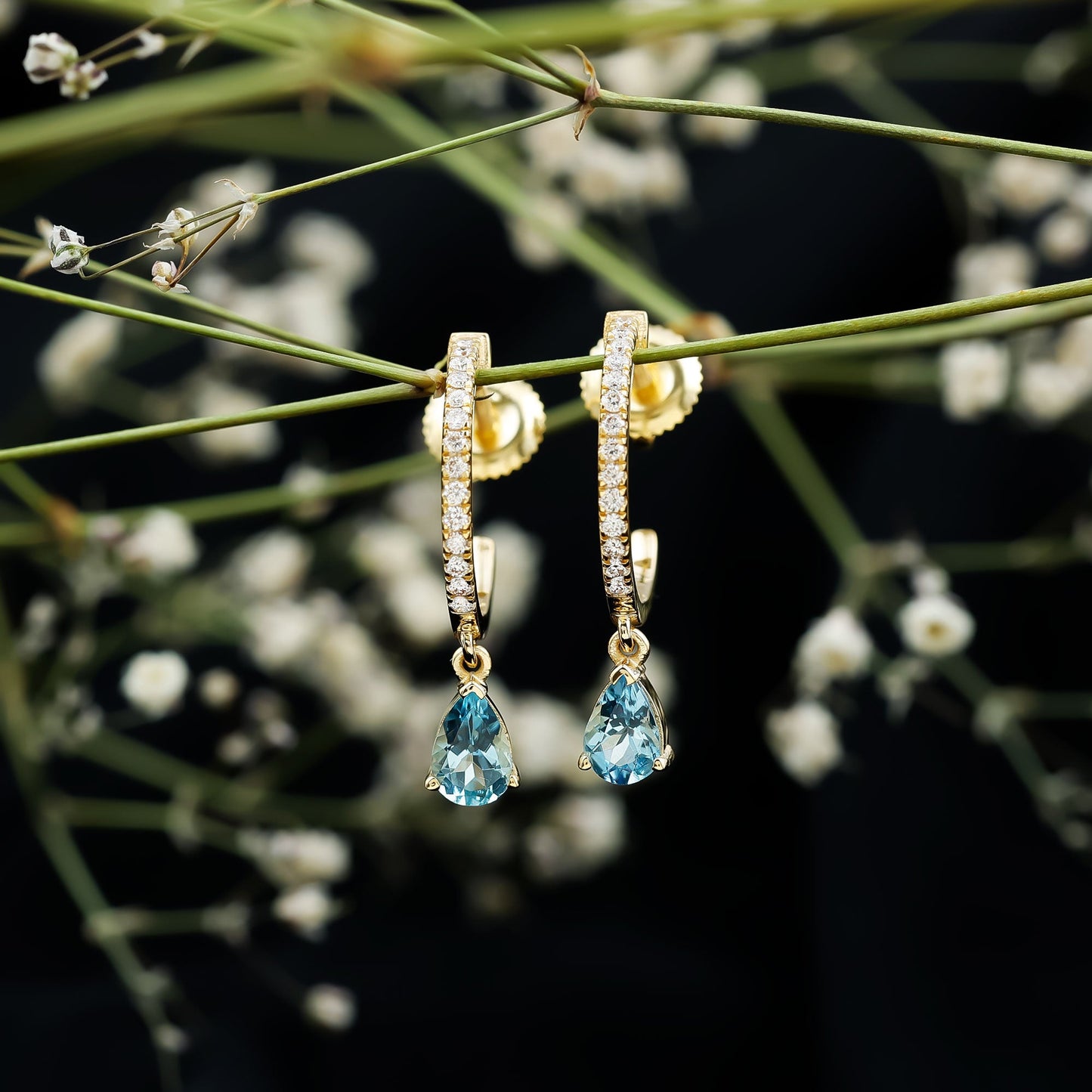 Aquamarine and Diamond Hoop Drop Earrings