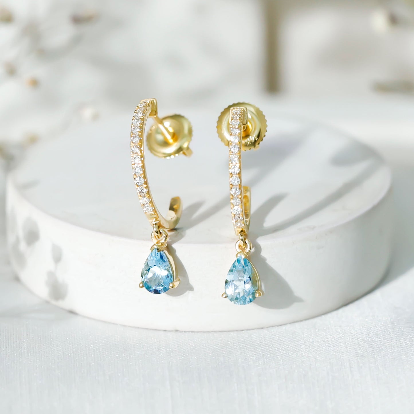 Aquamarine and Diamond Hoop Drop Earrings