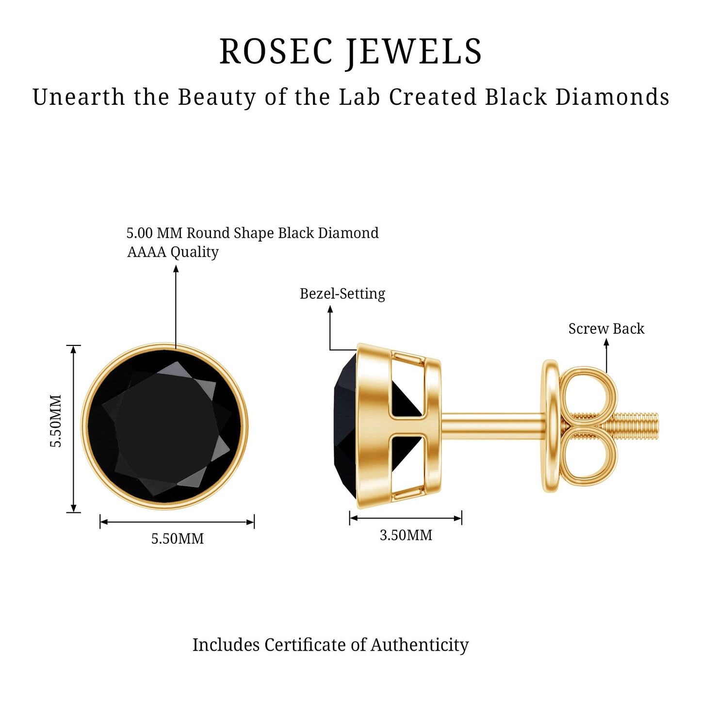 1.6 Carat Created Black Diamond Solitaire Stud Earring in Bezel Setting