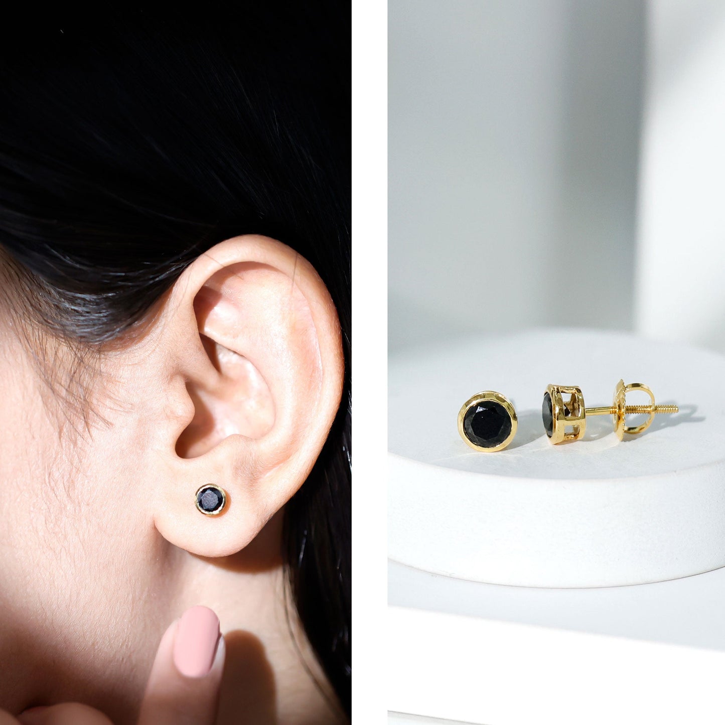 1.6 Carat Created Black Diamond Solitaire Stud Earring in Bezel Setting
