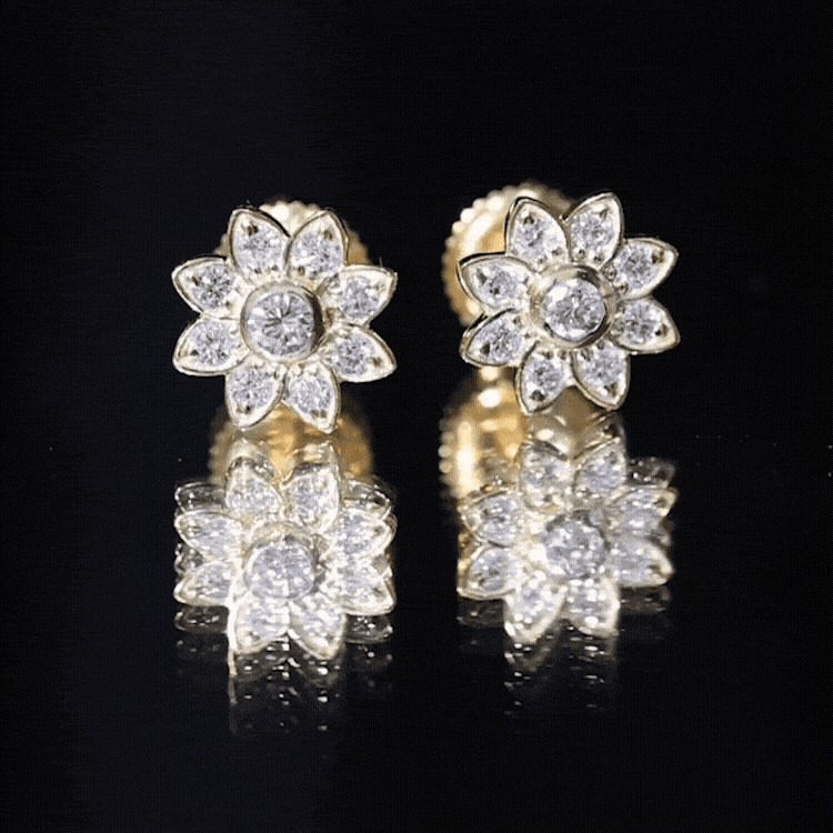Diamond Flower Stud Earrings With Screw Back