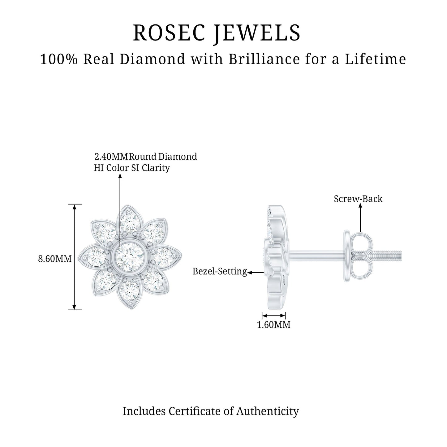 Diamond Flower Stud Earrings With Screw Back