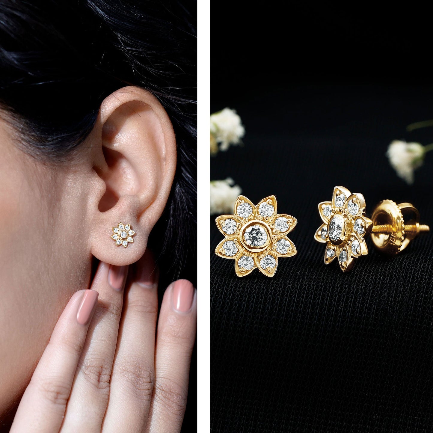 Diamond Flower Stud Earrings With Screw Back