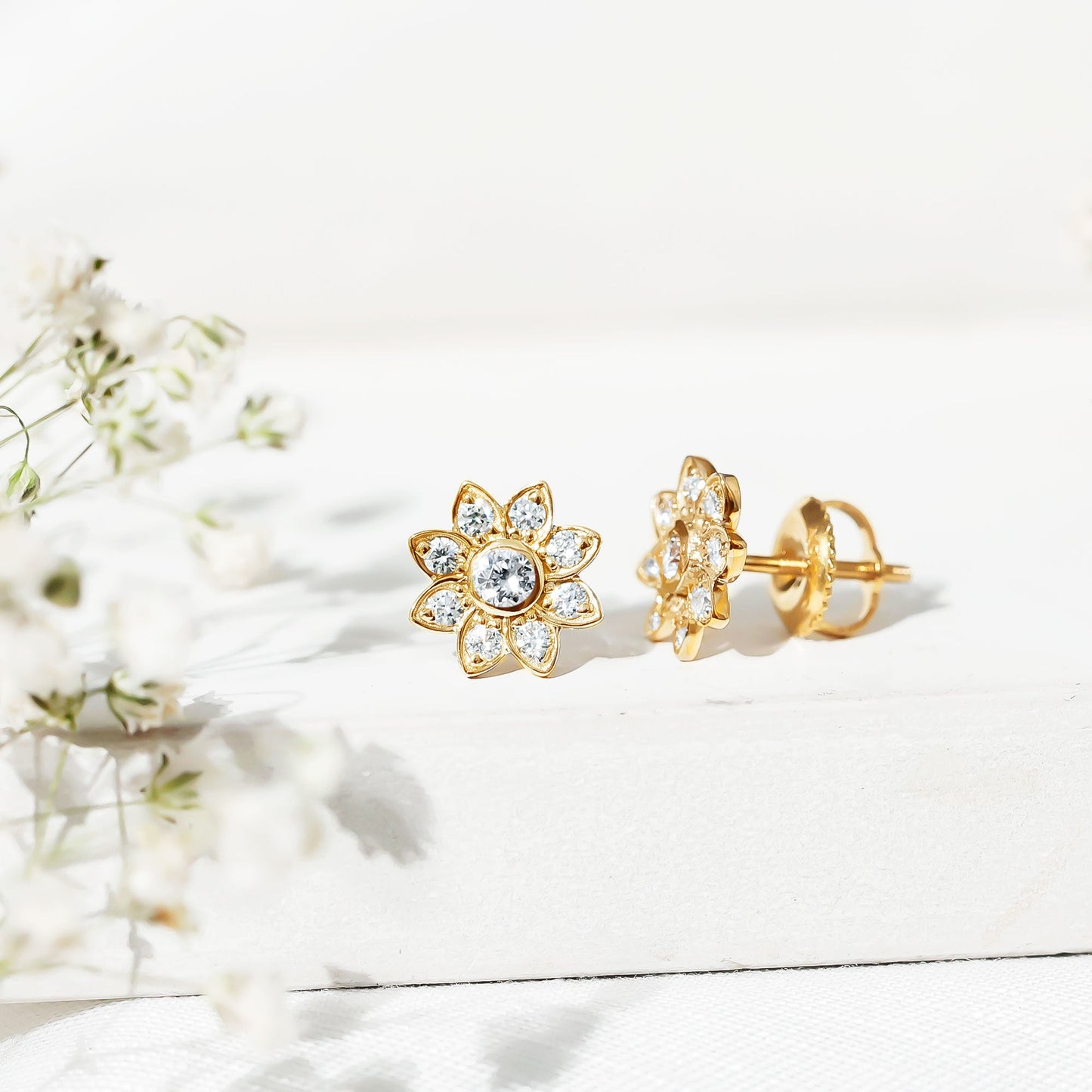 Diamond Flower Stud Earrings With Screw Back