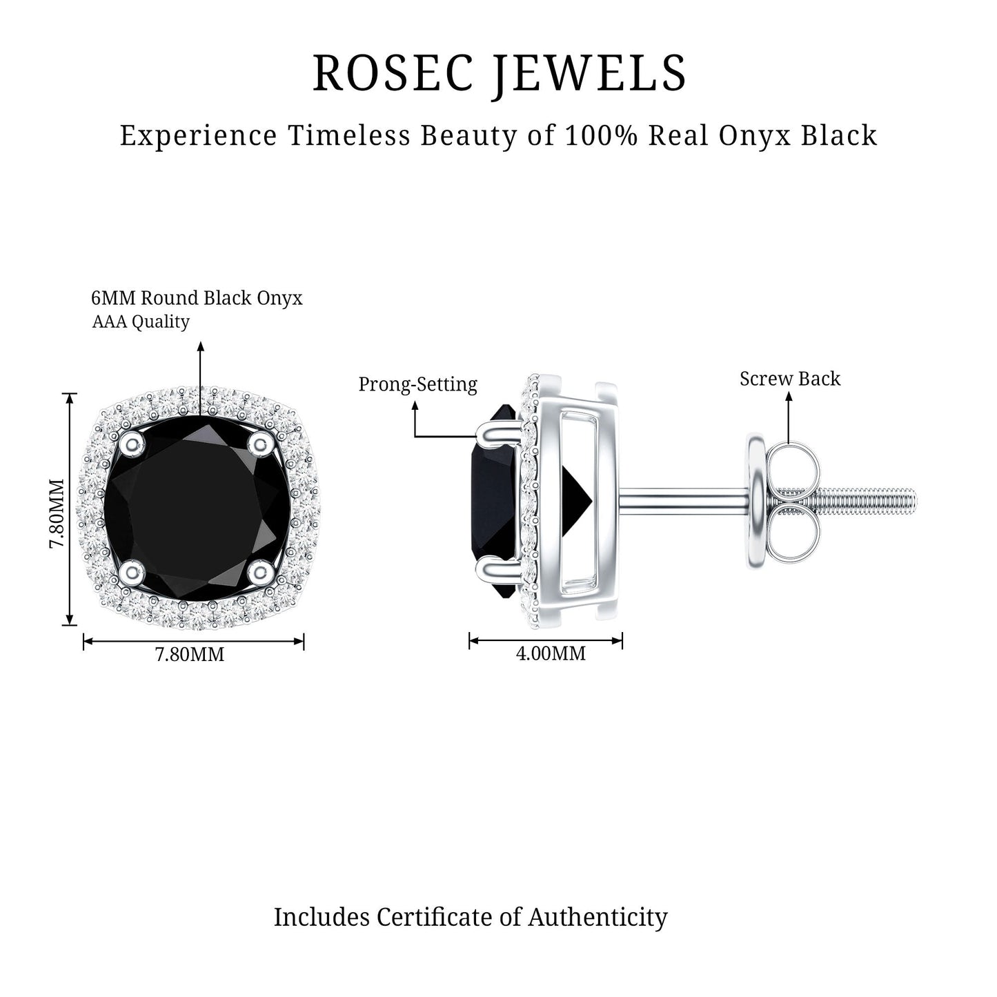 Vintage Black Onyx Stud Earrings with Diamond Halo