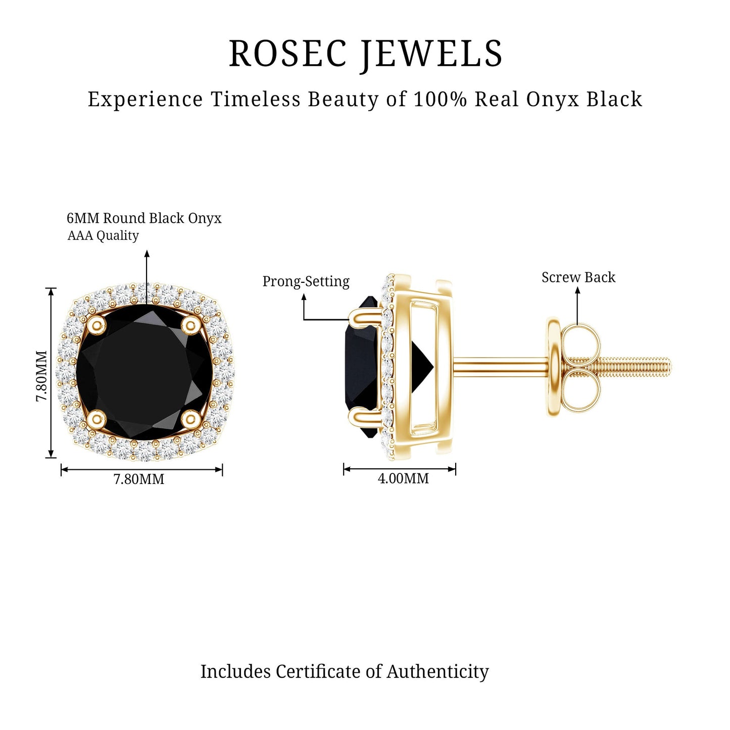 Vintage Black Onyx Stud Earrings with Diamond Halo