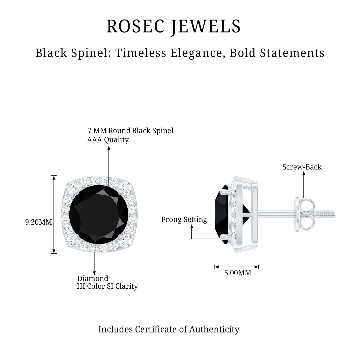 3 Carat Black Spinel Stud Earrings with Diamond Halo