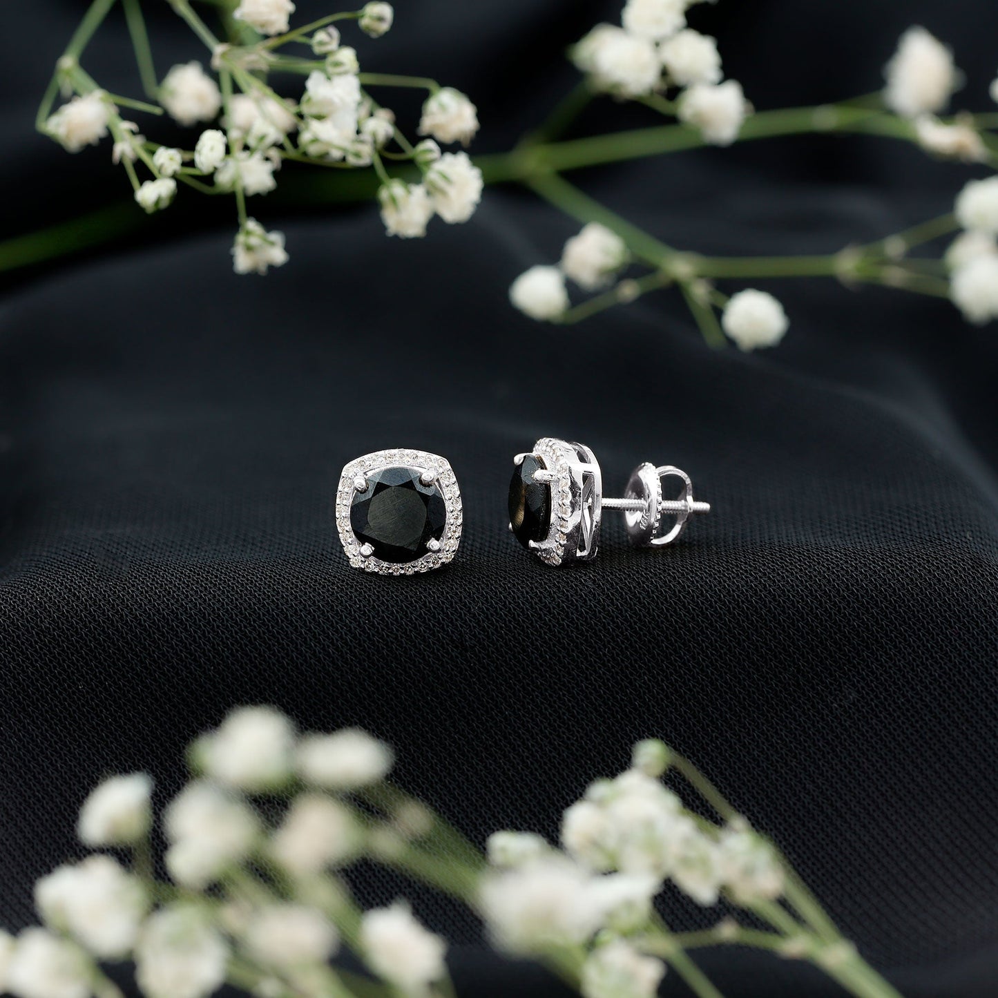3 Carat Black Spinel Stud Earrings with Diamond Halo