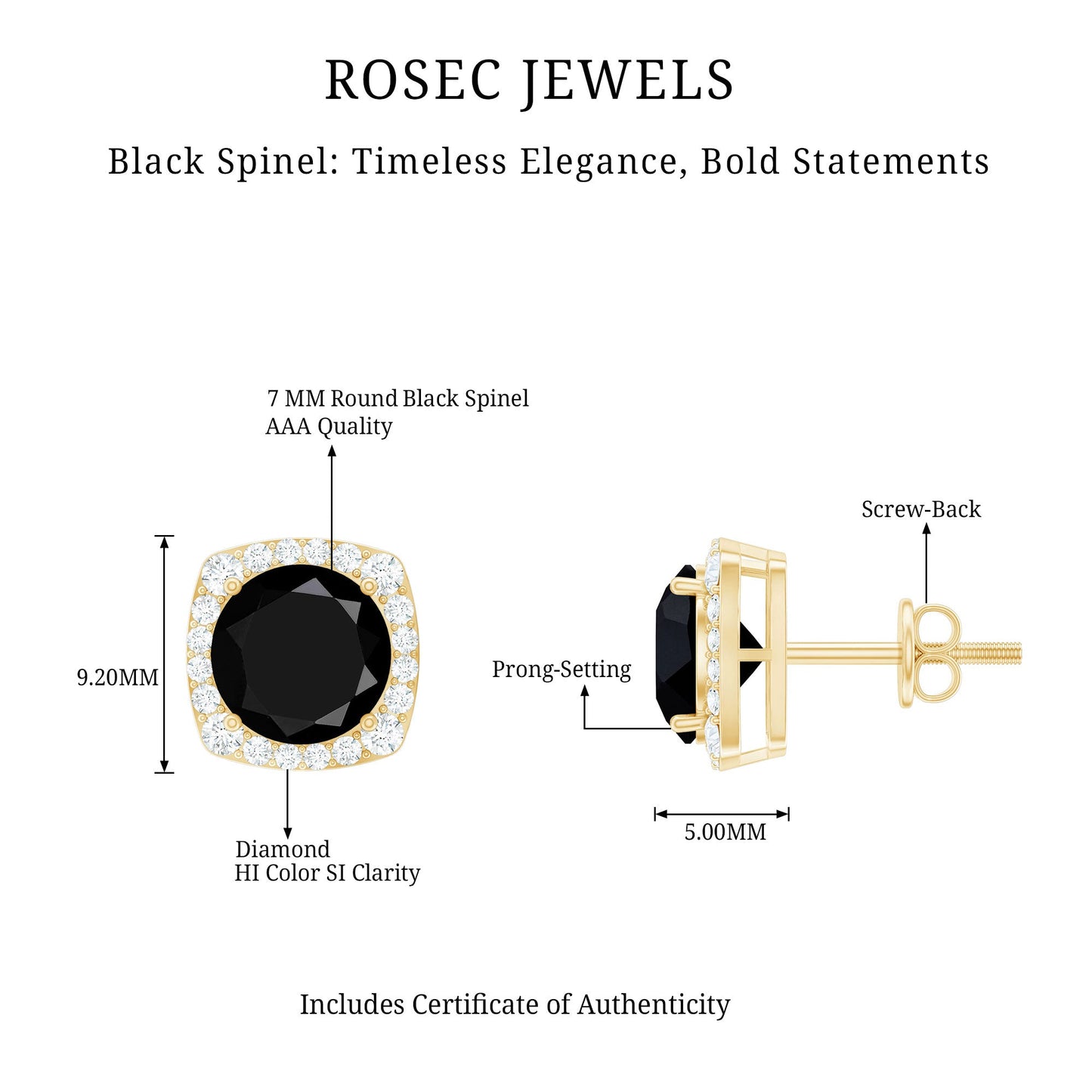 3 Carat Black Spinel Stud Earrings with Diamond Halo