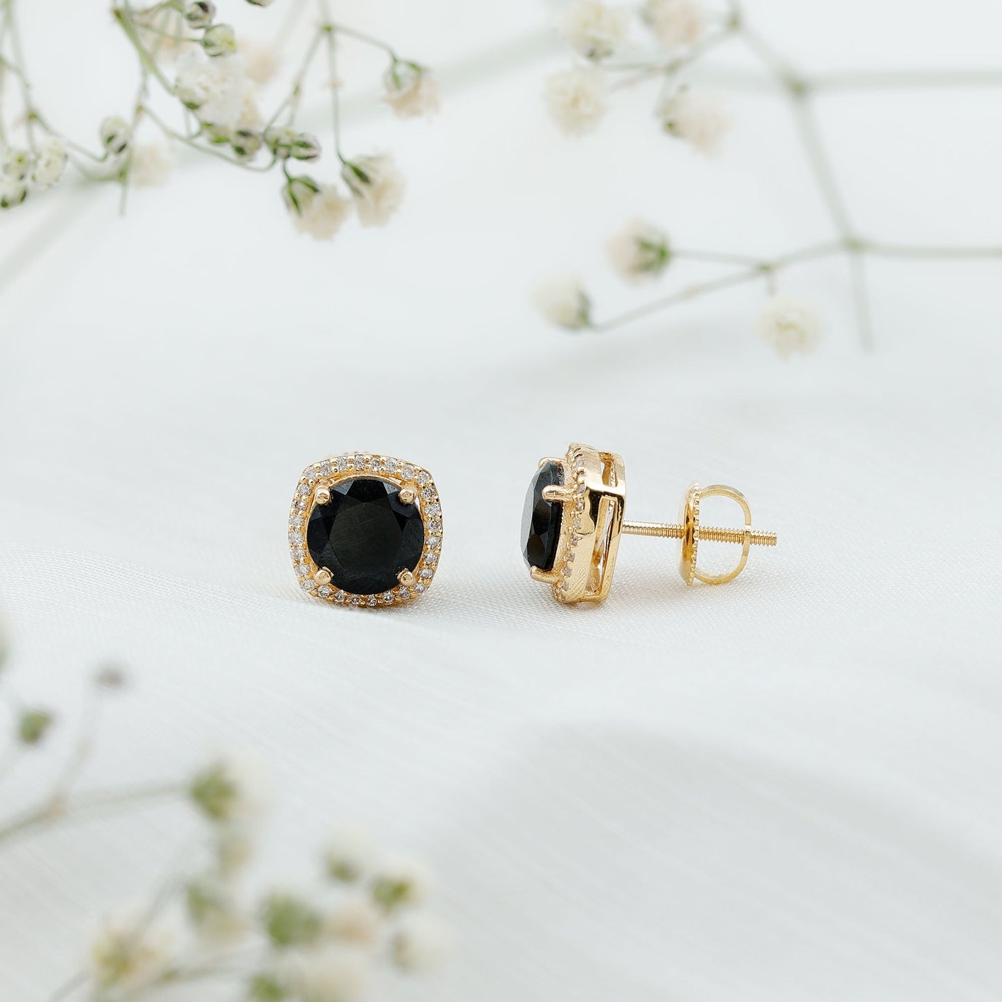 3 Carat Black Spinel Stud Earrings with Diamond Halo