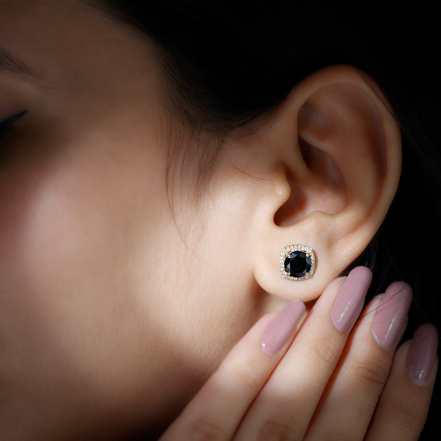 3 Carat Black Spinel Stud Earrings with Diamond Halo