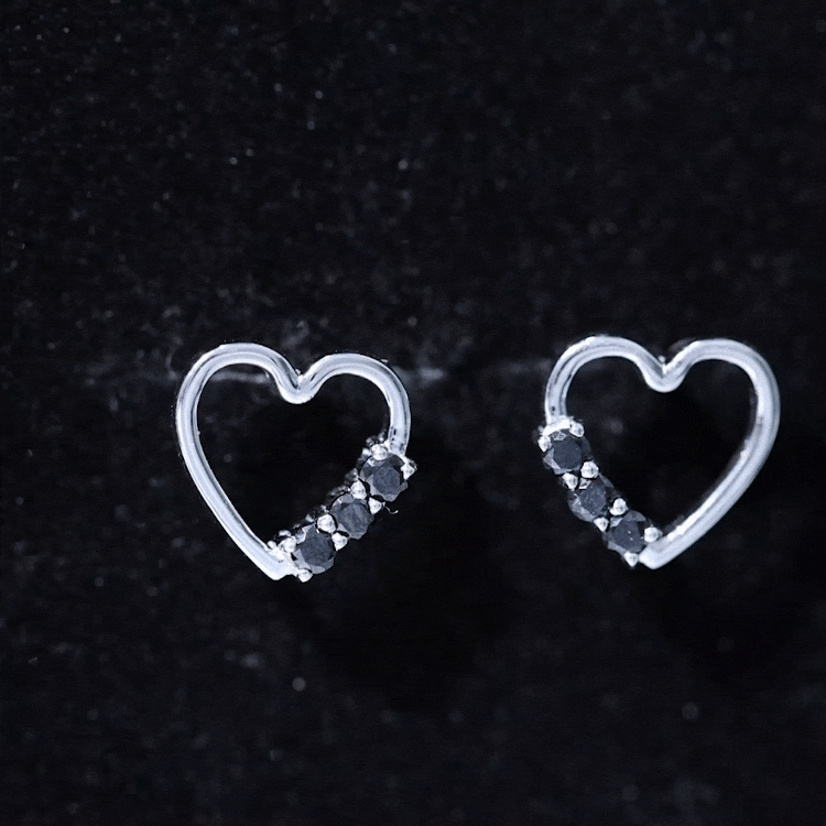 Open Heart Stud Earrings with 3 Lab Created Black Diamonds