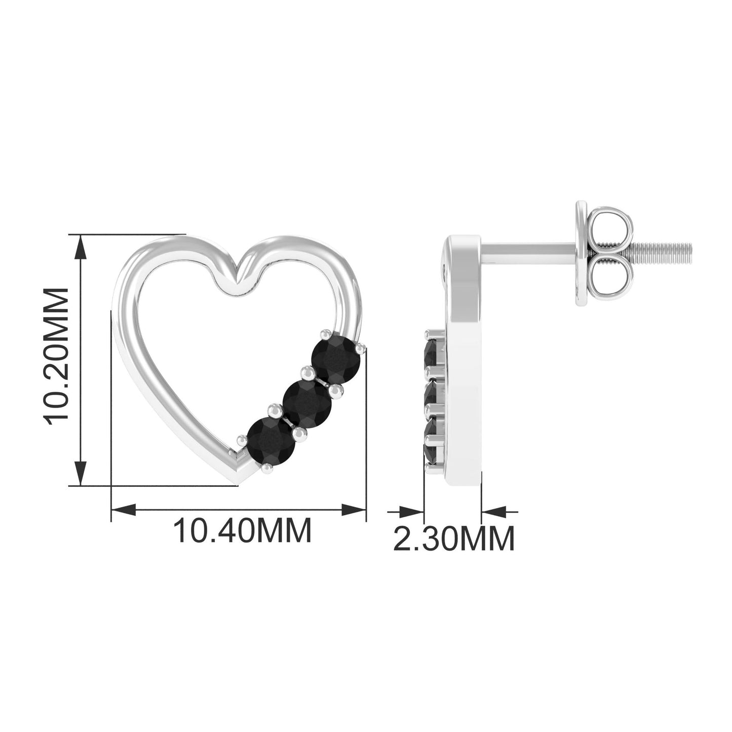 Open Heart Stud Earrings with 3 Lab Created Black Diamonds