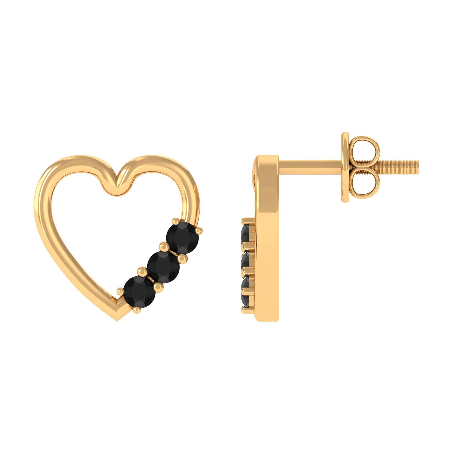 Open Heart Stud Earrings with 3 Lab Created Black Diamonds