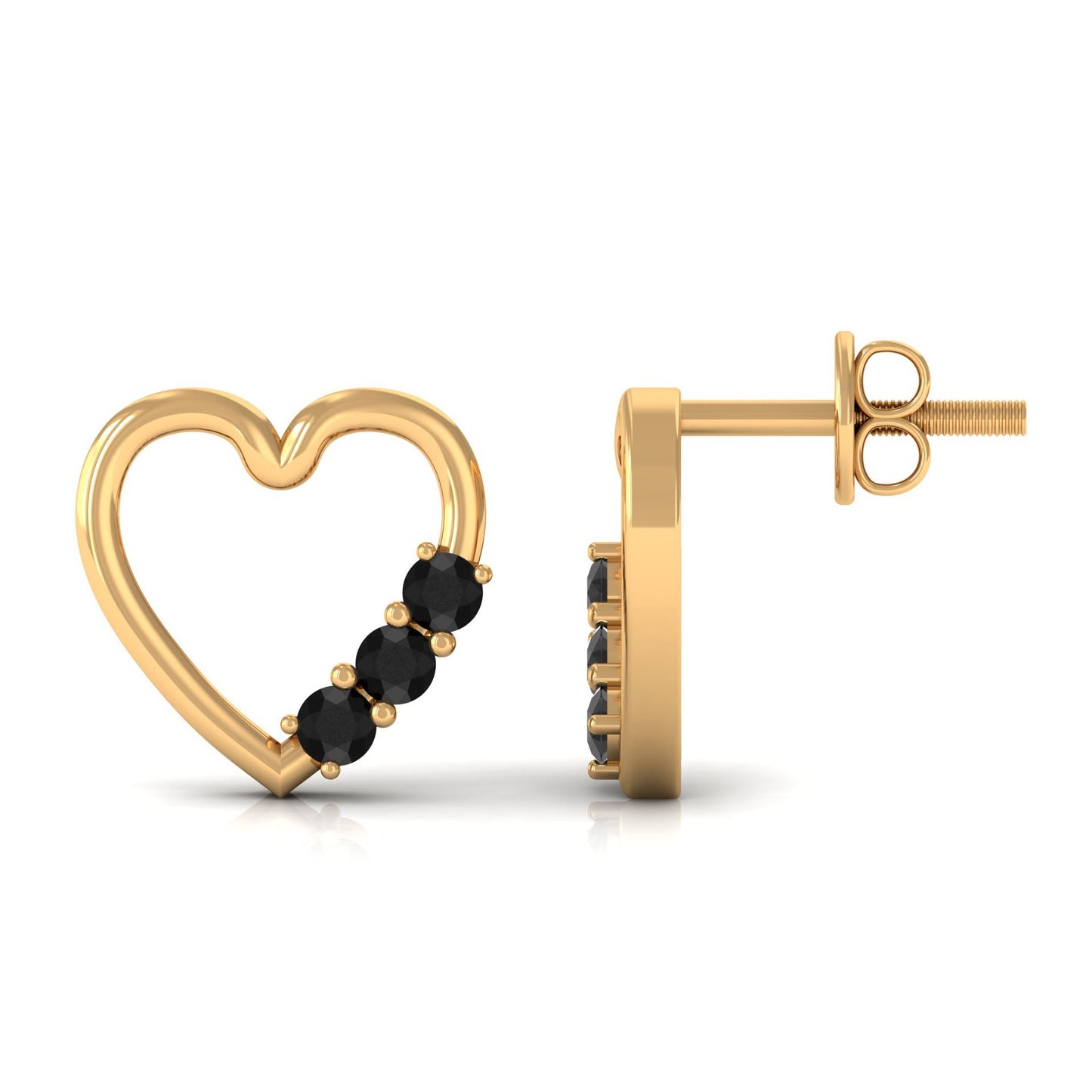 Open Heart Stud Earrings with 3 Lab Created Black Diamonds