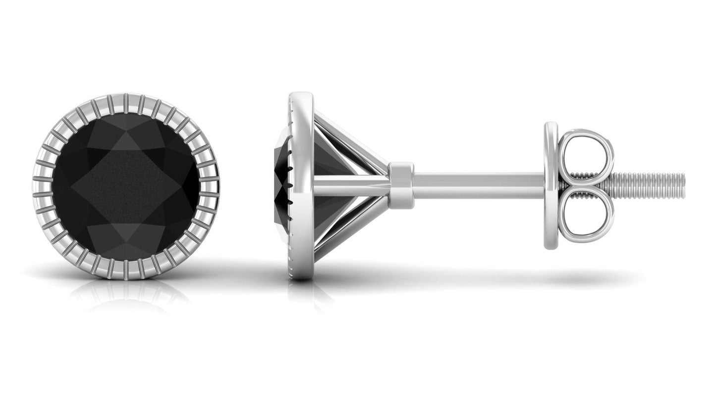 Round Created Black Diamond Solitaire Stud Earrings in Bezel Setting