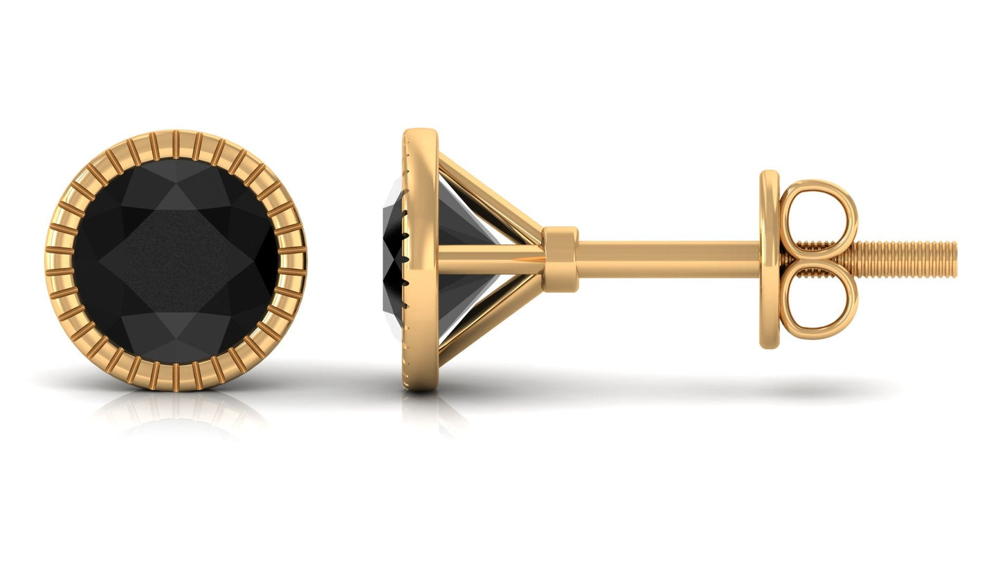 Round Created Black Diamond Solitaire Stud Earrings in Bezel Setting