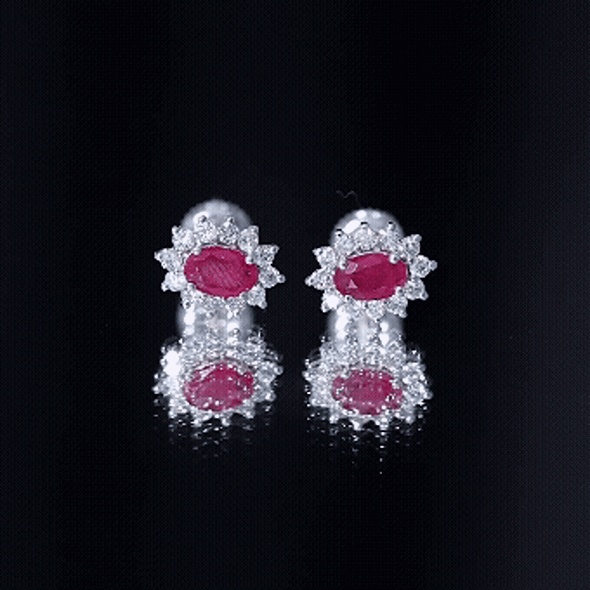 Genuine Oval Cut Ruby and Diamond Halo Stud Earrings