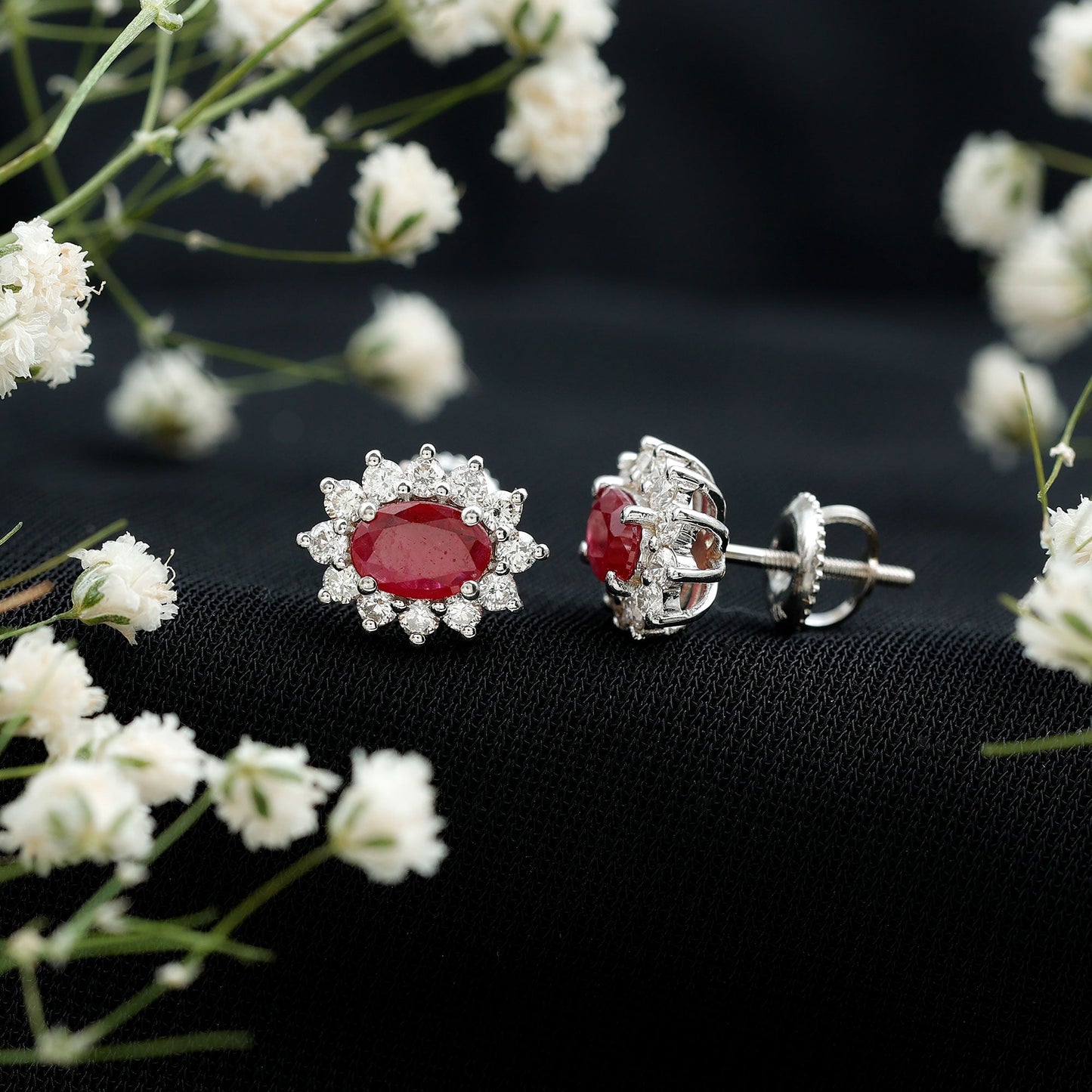 Genuine Oval Cut Ruby and Diamond Halo Stud Earrings