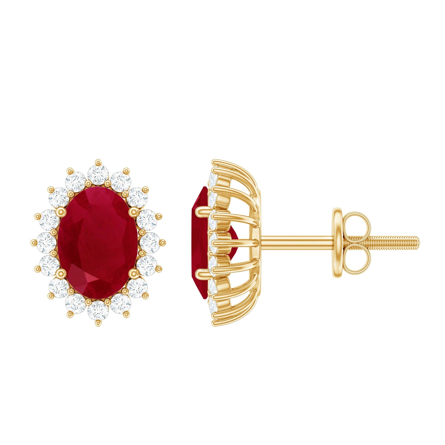 Genuine Oval Cut Ruby and Diamond Halo Stud Earrings