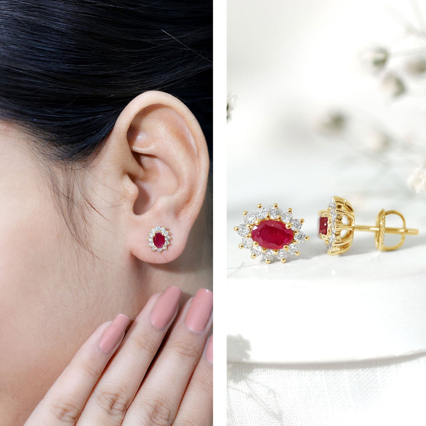 Genuine Oval Cut Ruby and Diamond Halo Stud Earrings