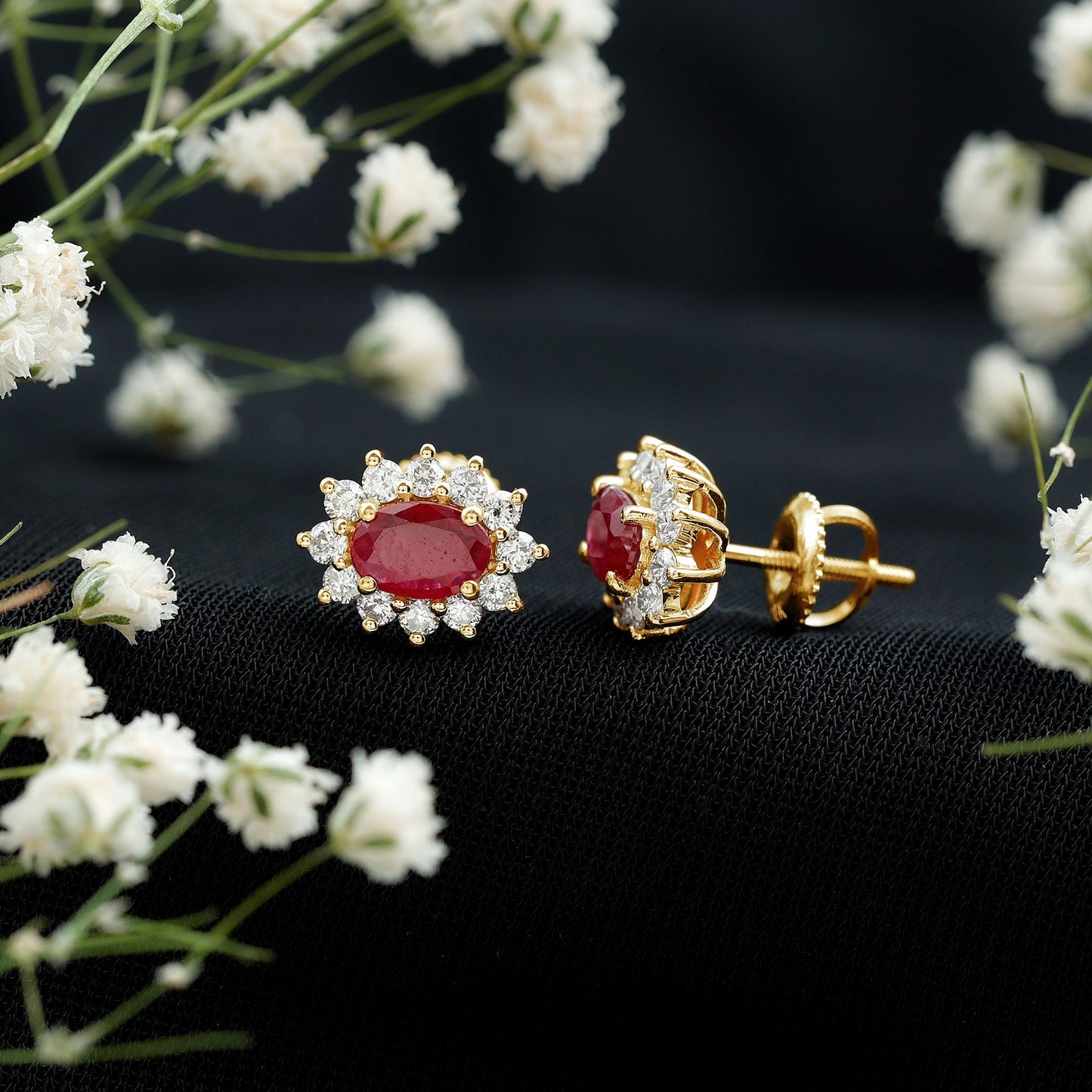 Genuine Oval Cut Ruby and Diamond Halo Stud Earrings