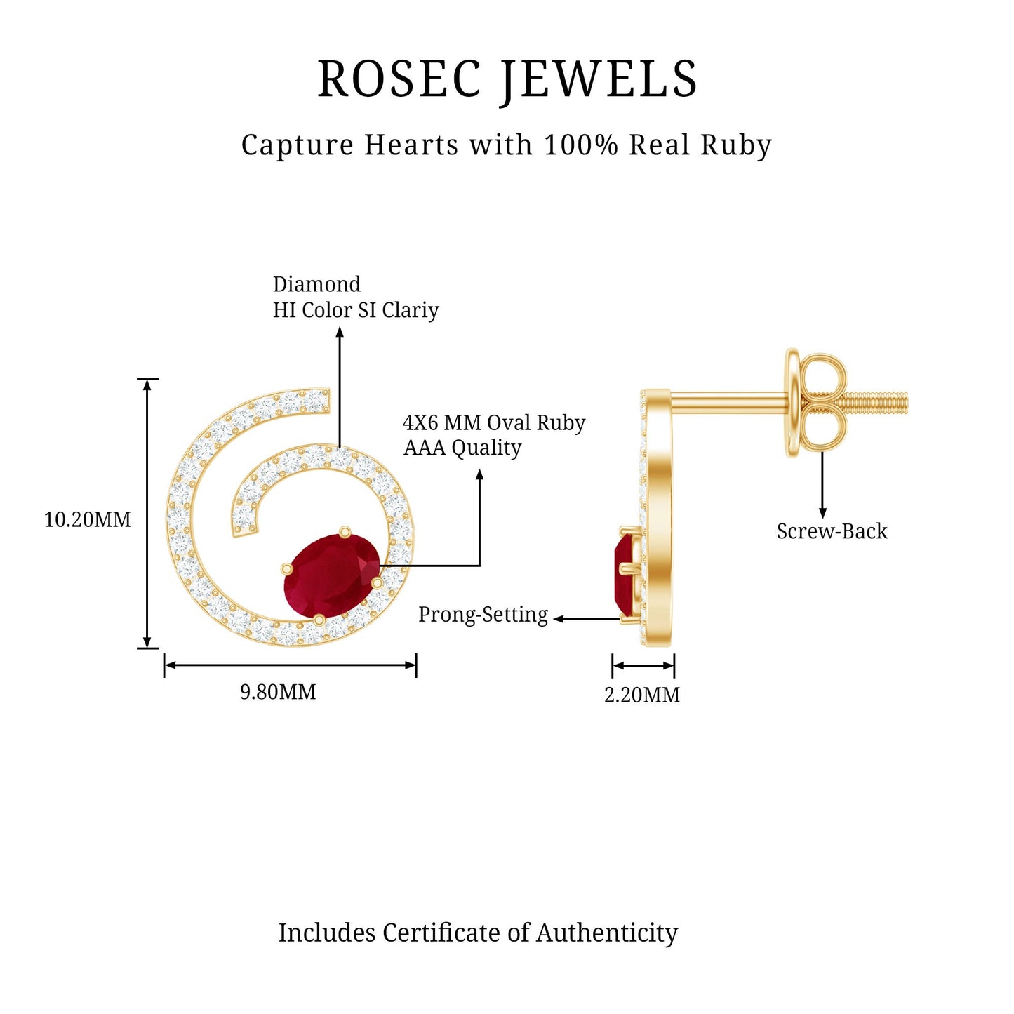 1 CT Oval Cut Ruby and Diamond Swirl Stud Earrings