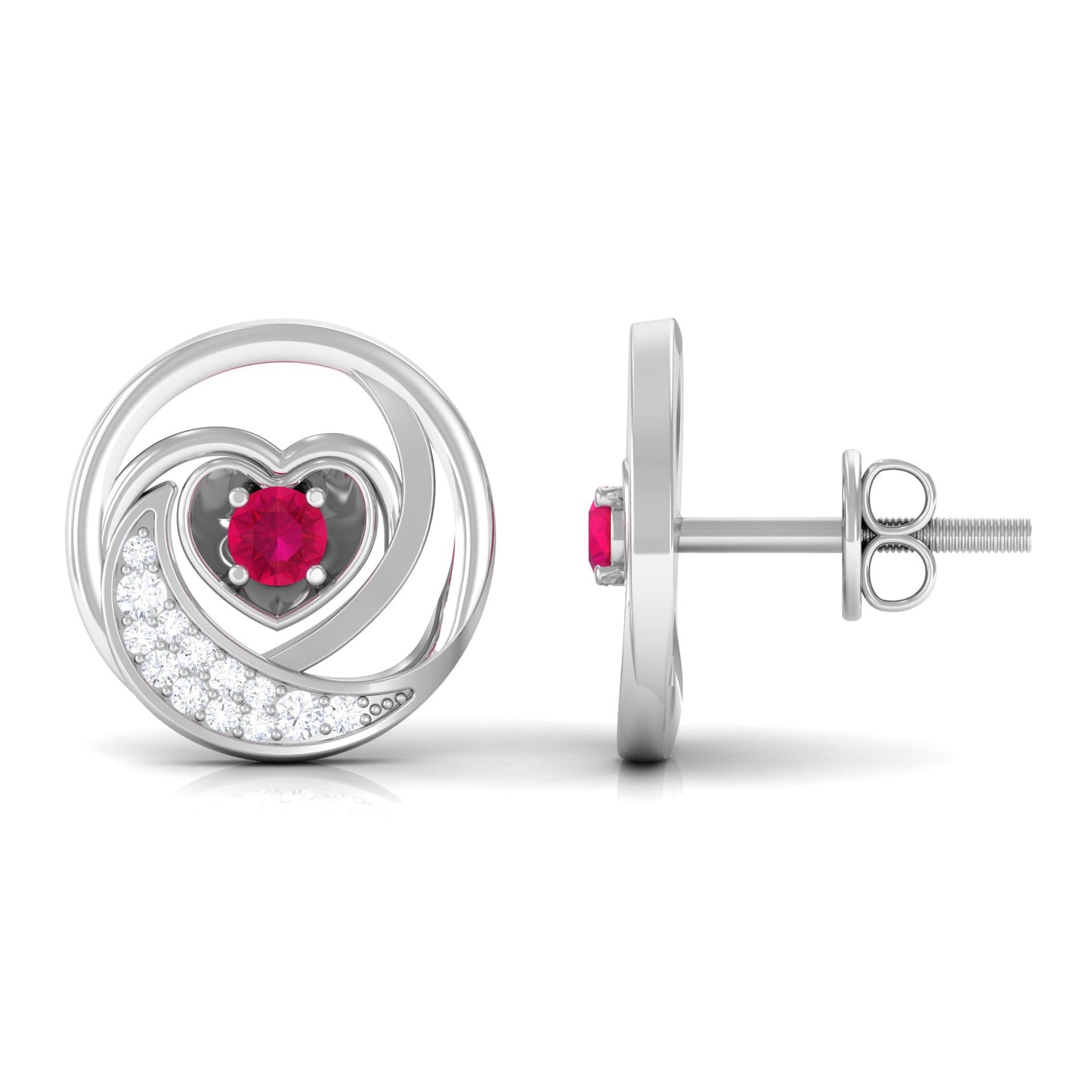 Round Ruby and Diamond Heart Stud Earrings