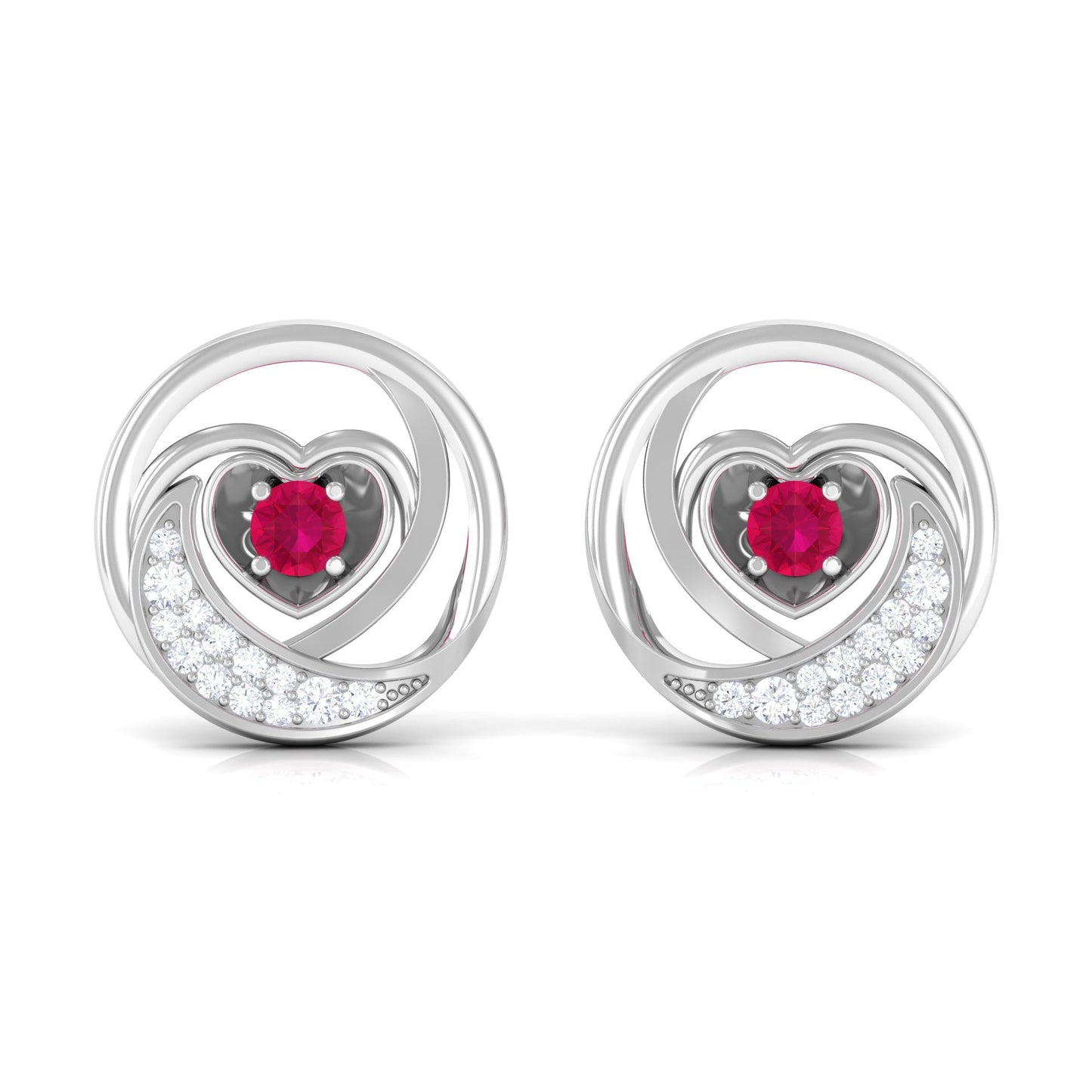Round Ruby and Diamond Heart Stud Earrings