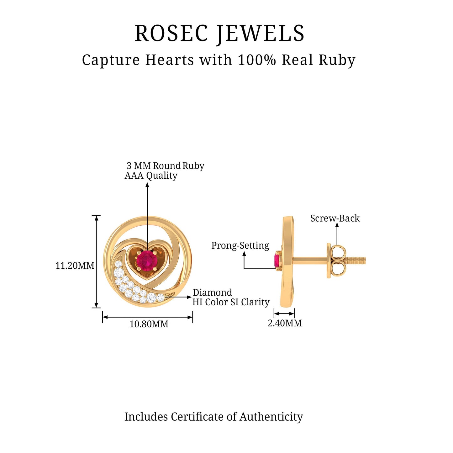 Round Ruby and Diamond Heart Stud Earrings