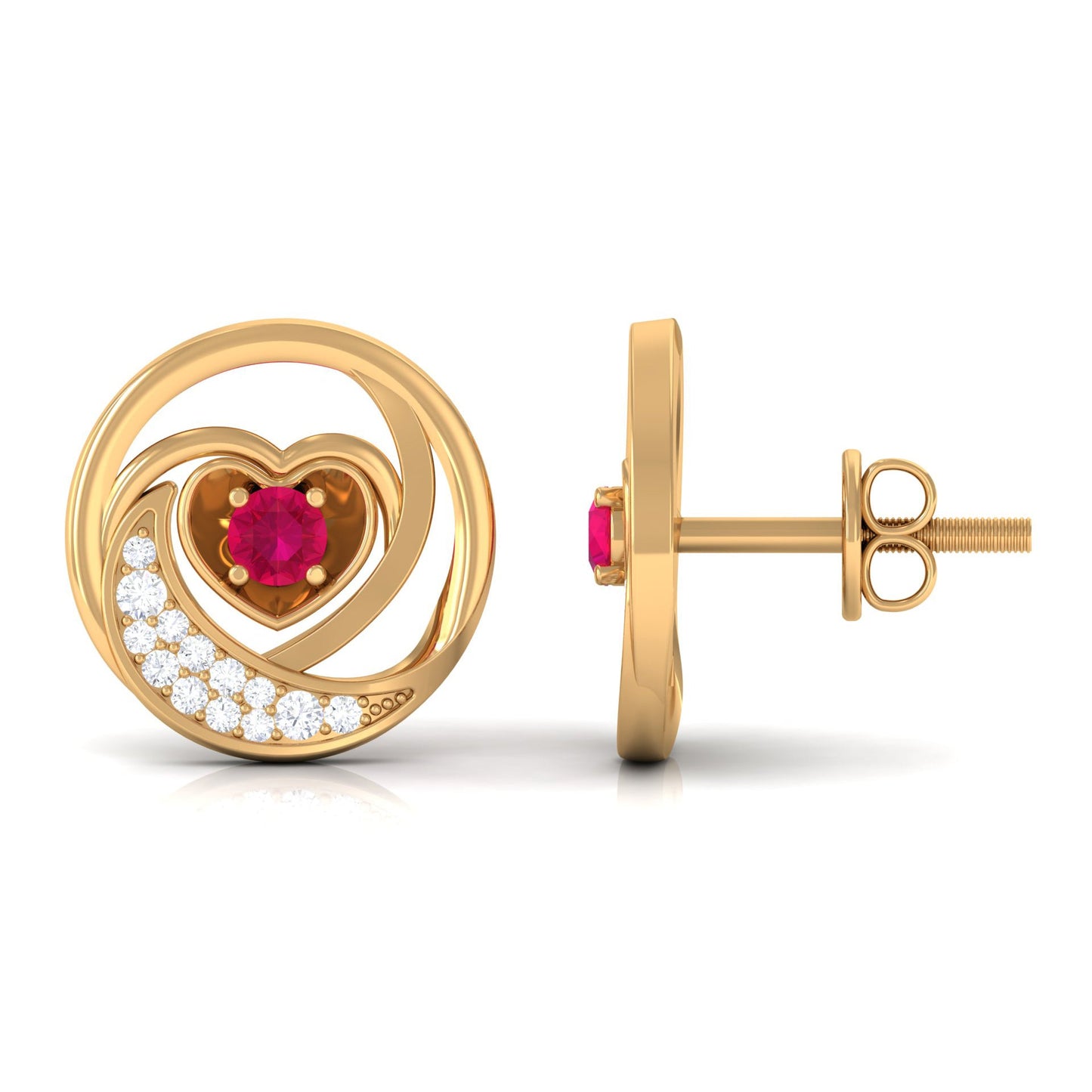 Round Ruby and Diamond Heart Stud Earrings