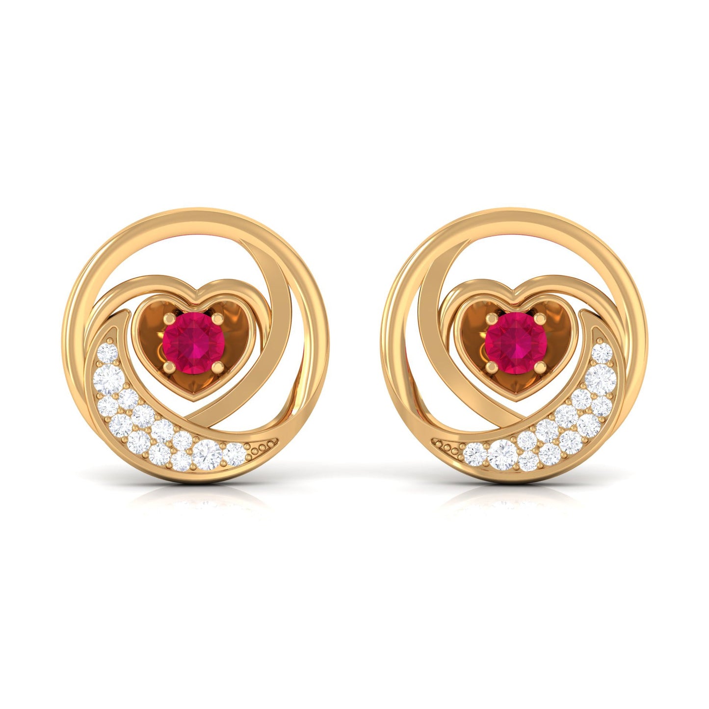 Round Ruby and Diamond Heart Stud Earrings
