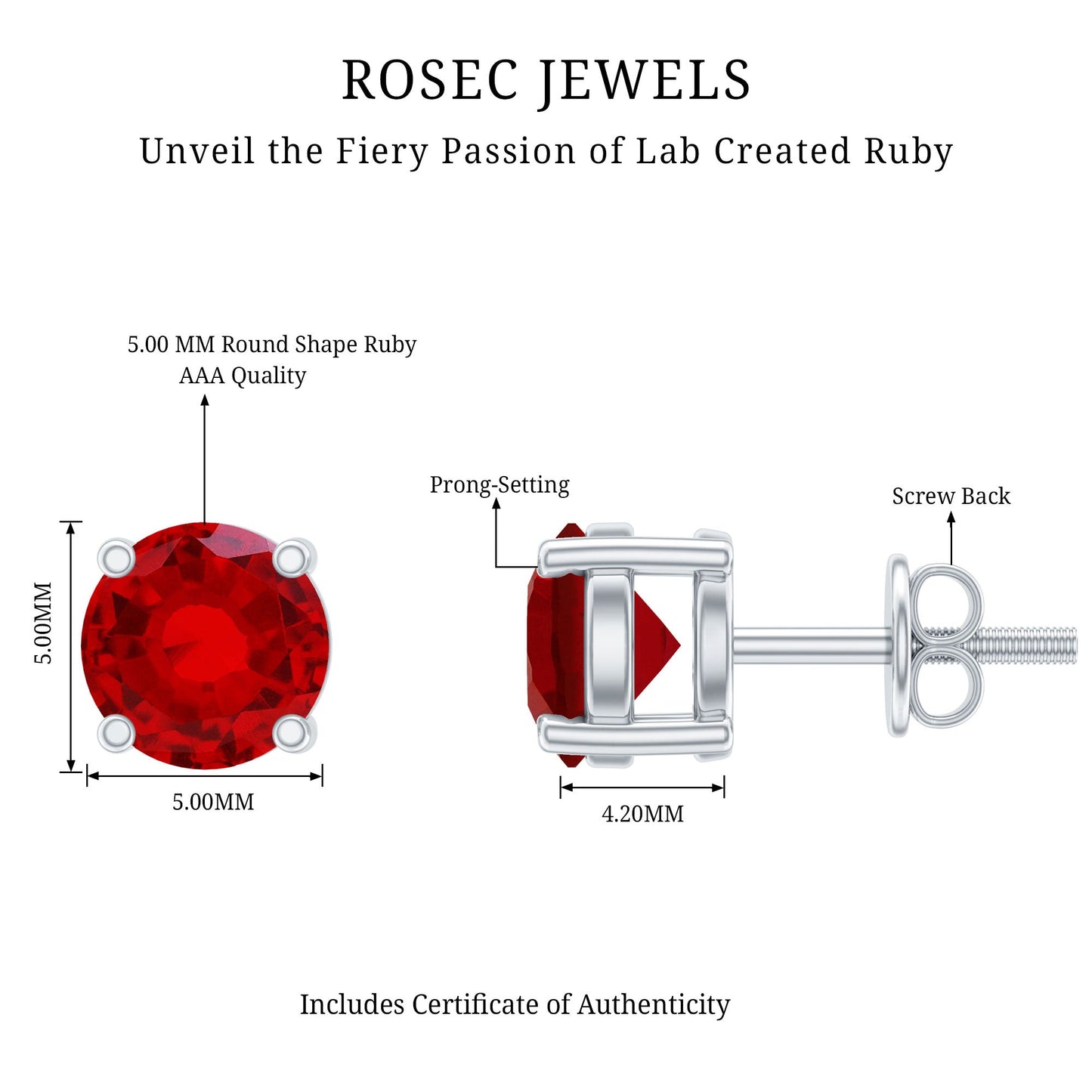 Round Shape Lab Grown Ruby Solitaire Stud Earrings
