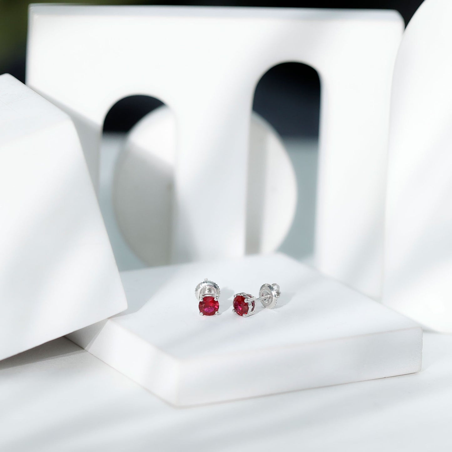 Round Shape Lab Grown Ruby Solitaire Stud Earrings
