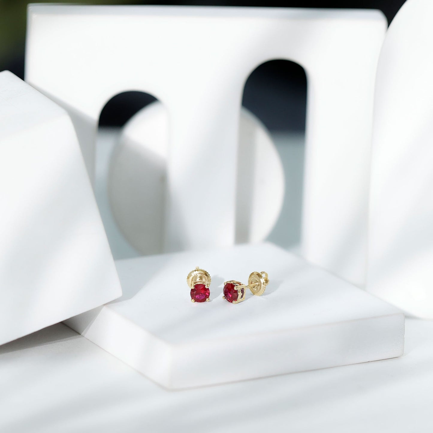 Round Shape Lab Grown Ruby Solitaire Stud Earrings
