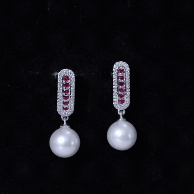 Pearl Bridal Earrings with Ruby and Diamond