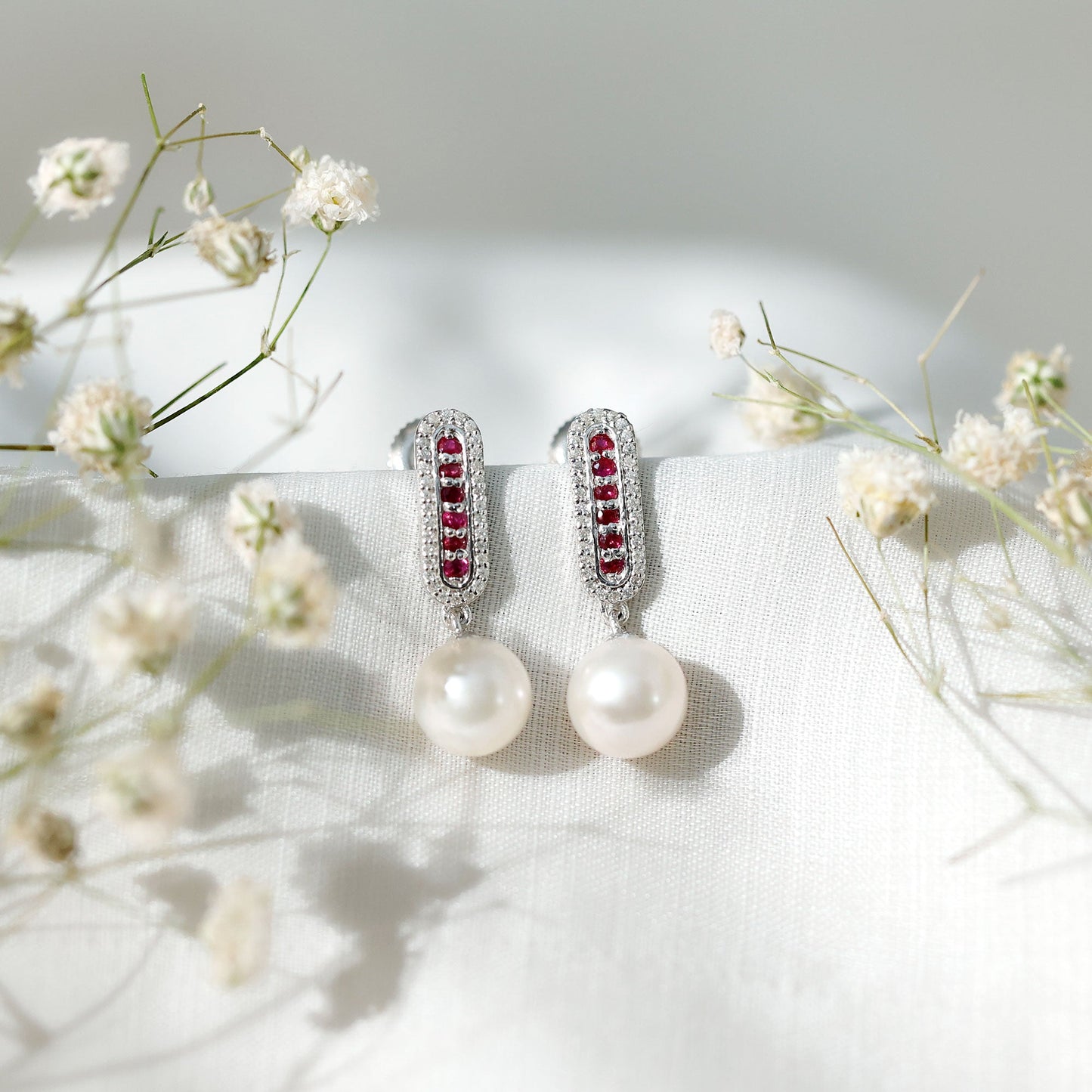 Pearl Bridal Earrings with Ruby and Diamond