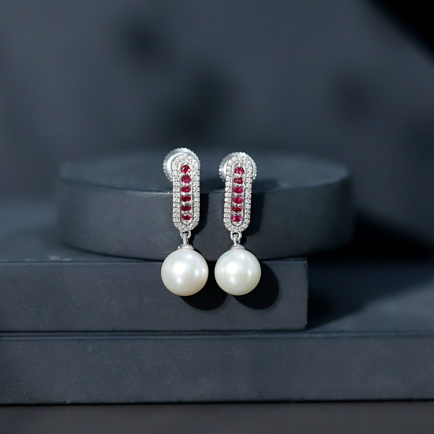 Pearl Bridal Earrings with Ruby and Diamond