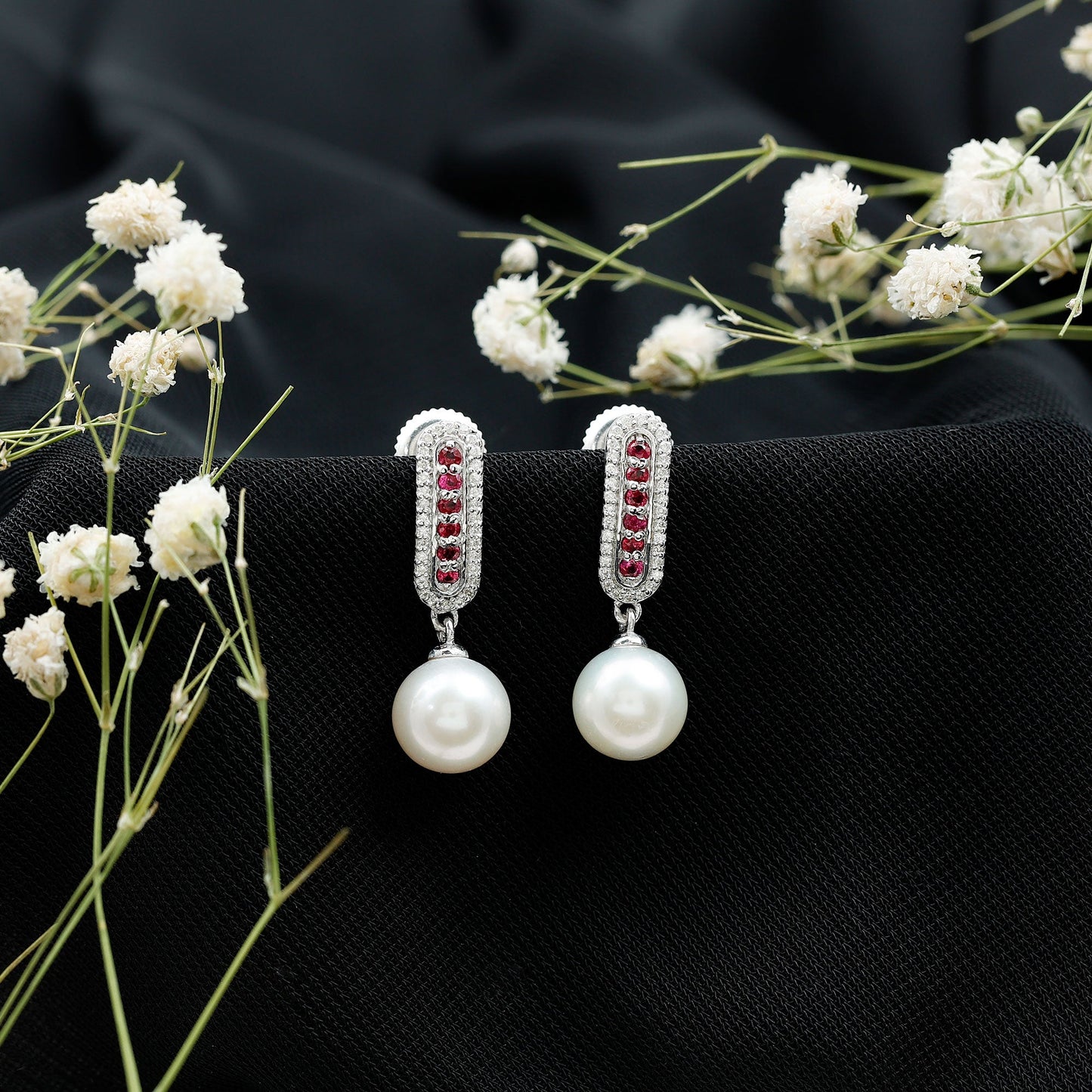 Pearl Bridal Earrings with Ruby and Diamond