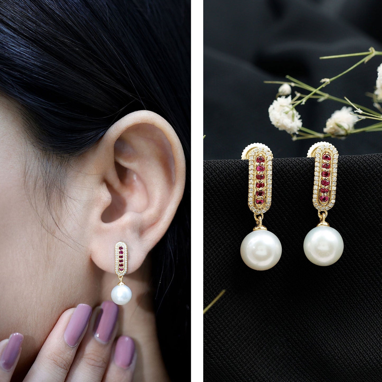 Pearl Bridal Earrings with Ruby and Diamond