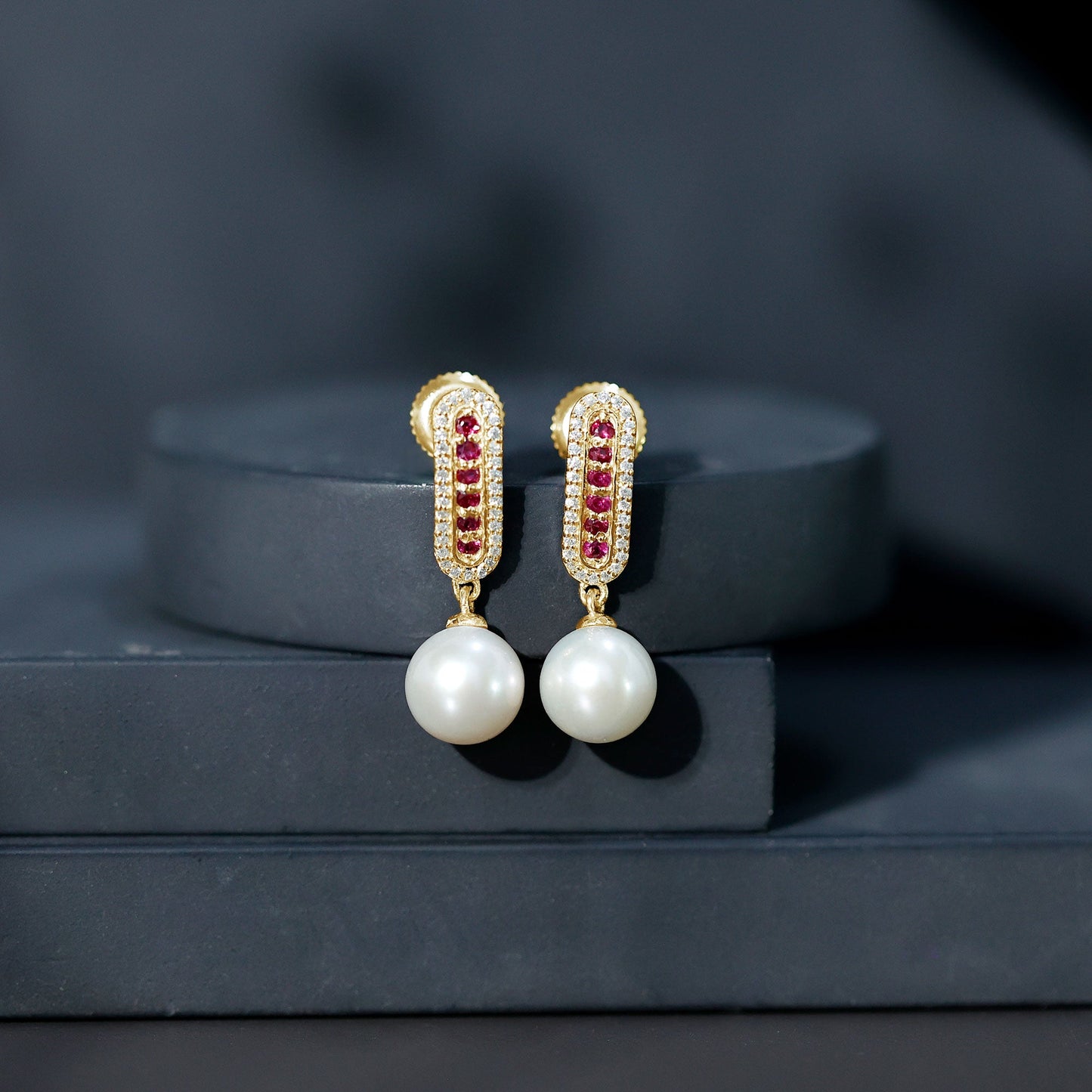 Pearl Bridal Earrings with Ruby and Diamond
