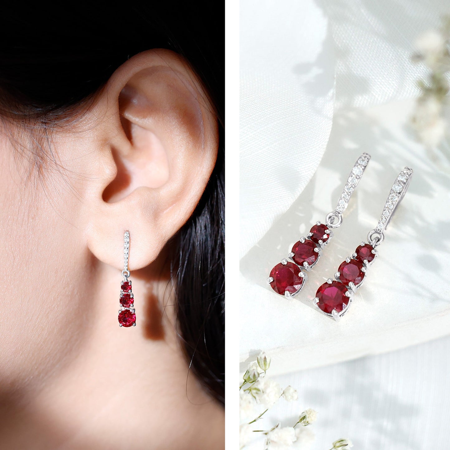 Certified Lab Created Ruby Three Stone Dangle Earrings with Moissanite