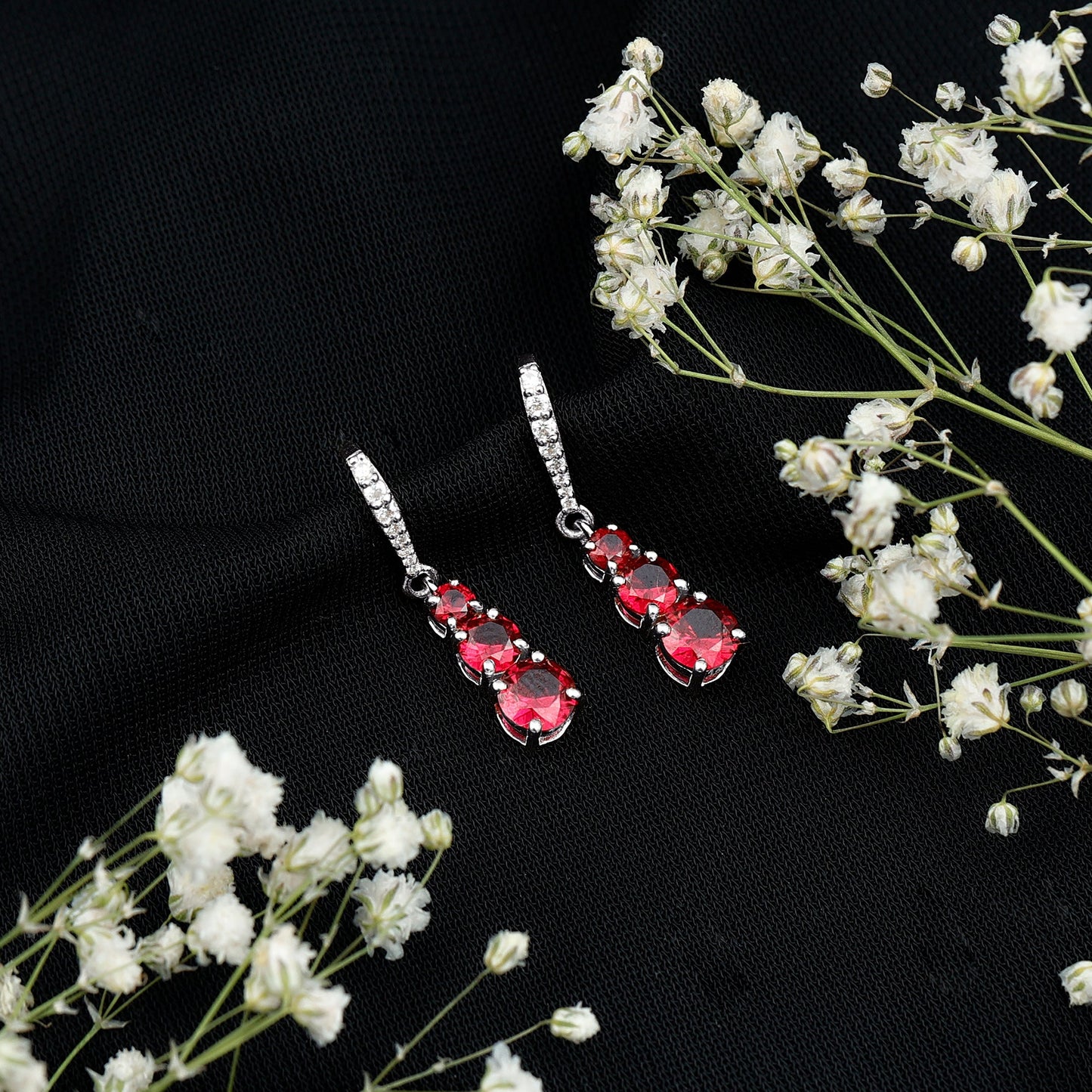 Certified Lab Created Ruby Three Stone Dangle Earrings with Moissanite