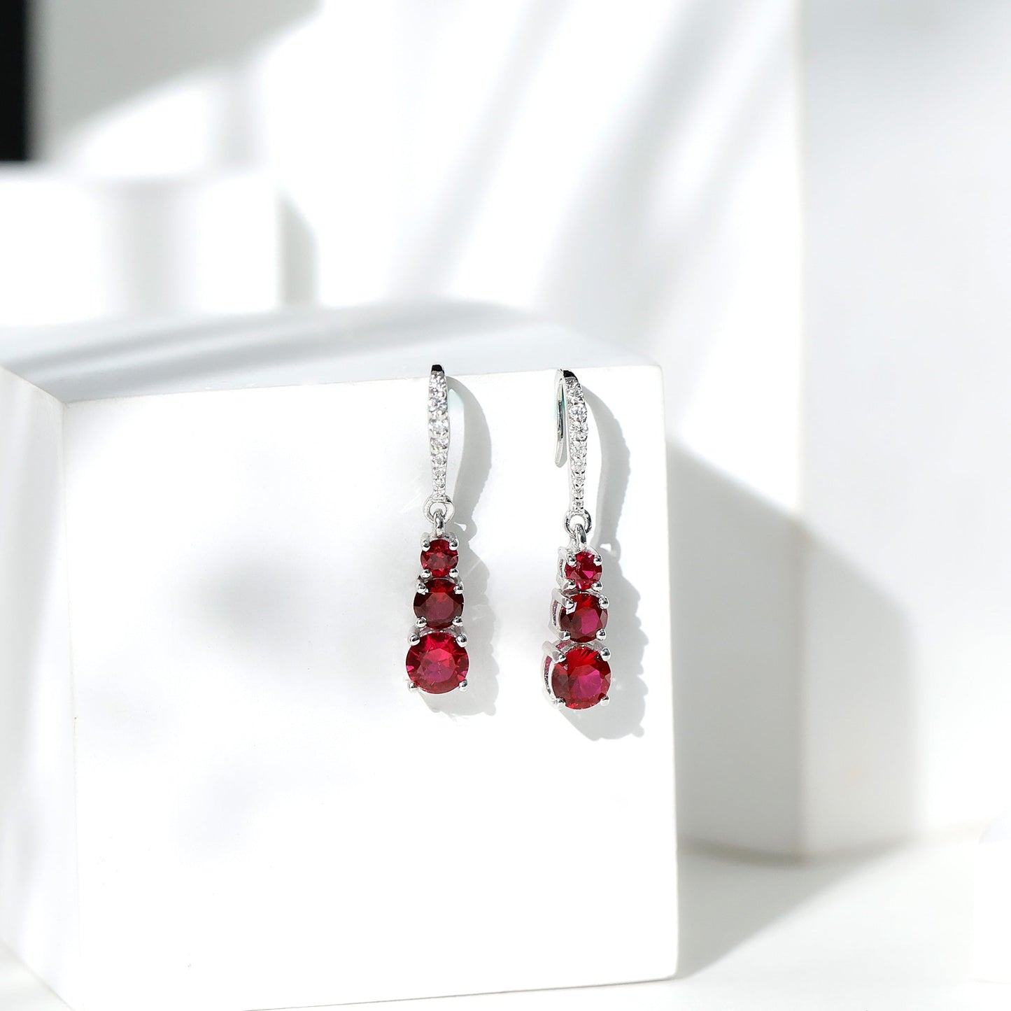Certified Lab Created Ruby Three Stone Dangle Earrings with Moissanite