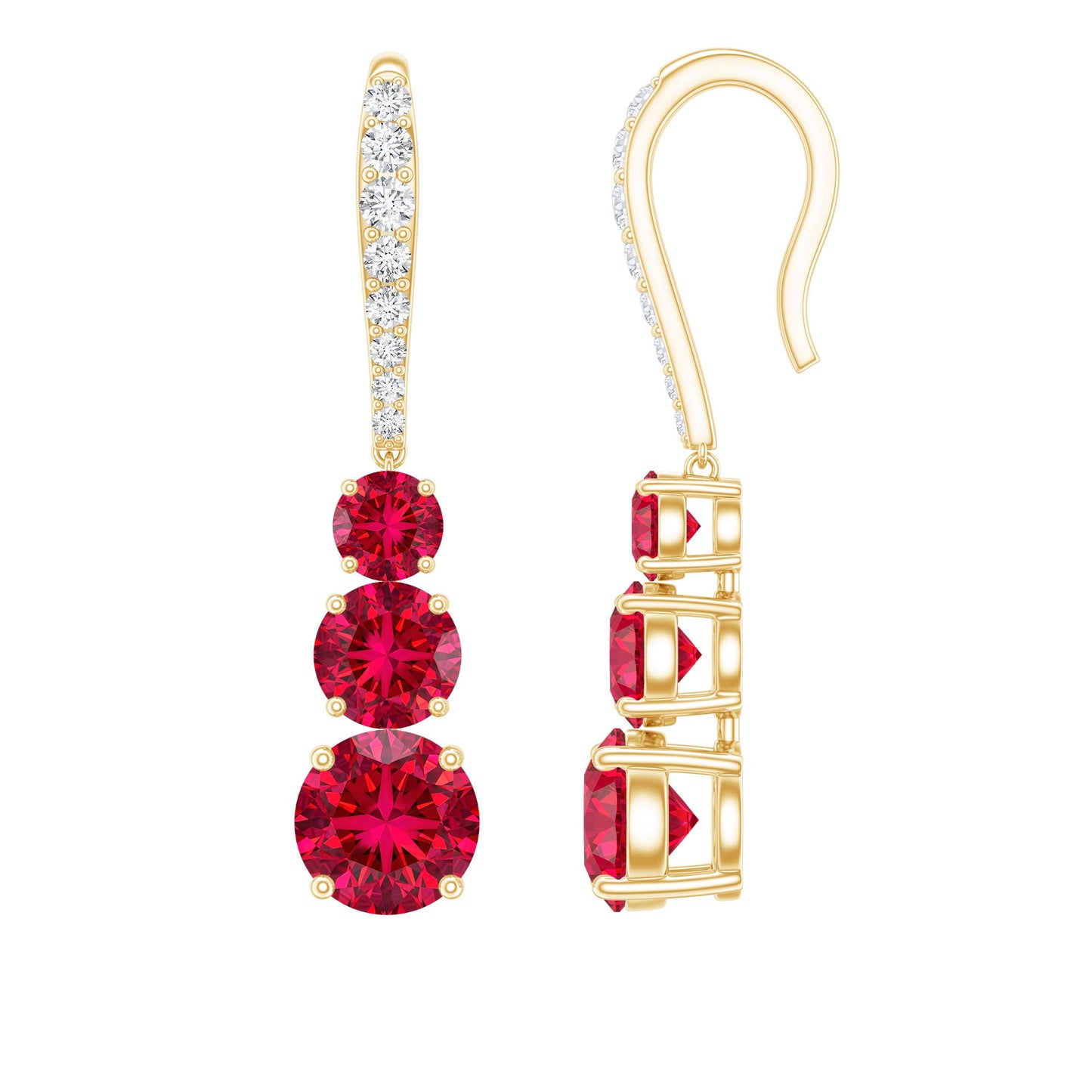 Certified Lab Created Ruby Three Stone Dangle Earrings with Moissanite