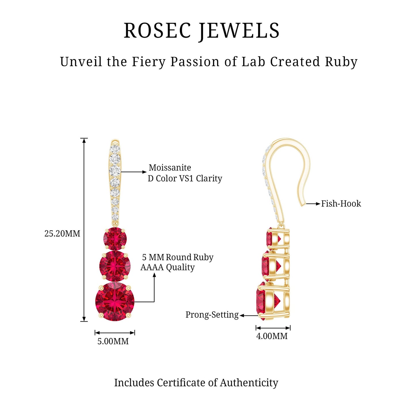 Certified Lab Created Ruby Three Stone Dangle Earrings with Moissanite