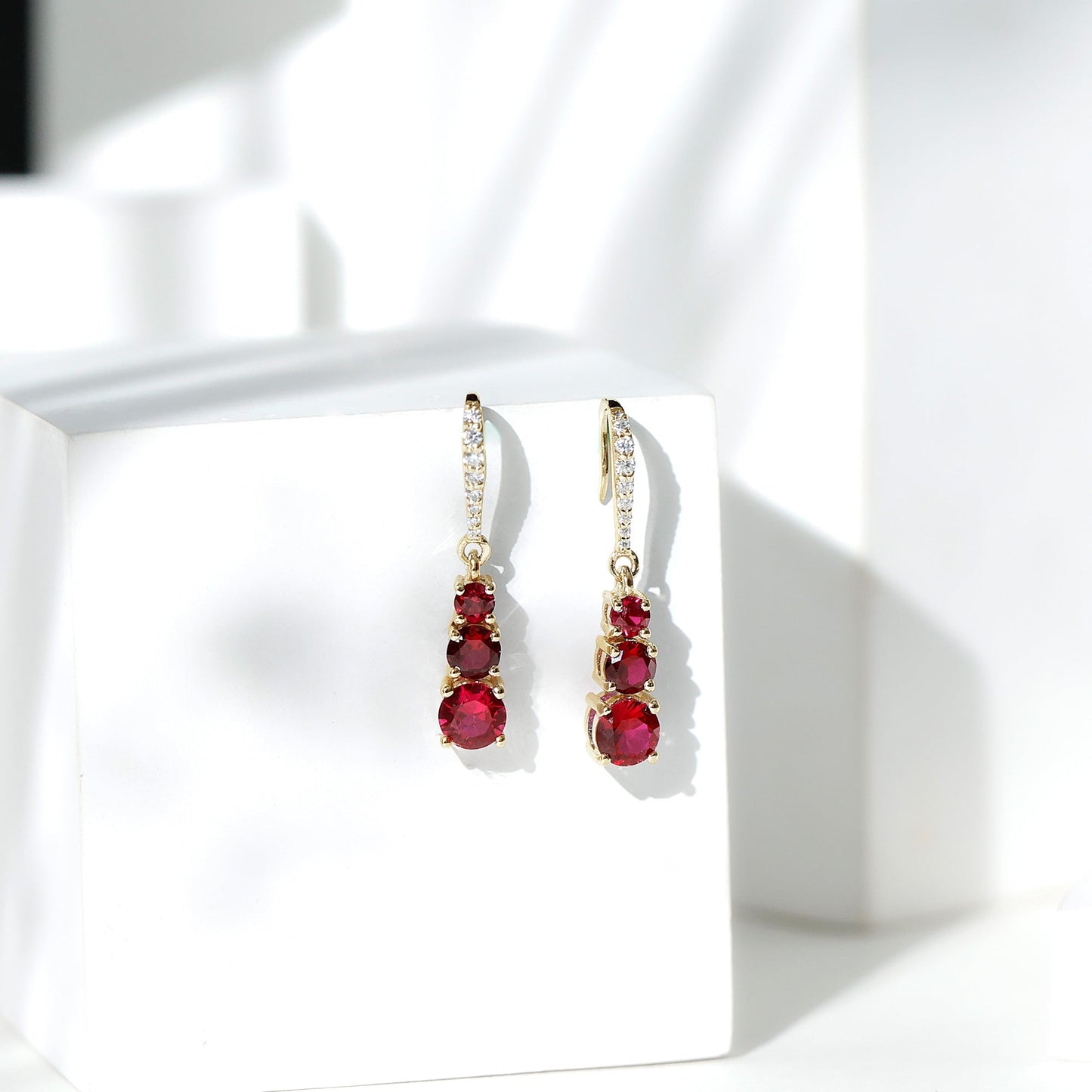 Certified Lab Created Ruby Three Stone Dangle Earrings with Moissanite