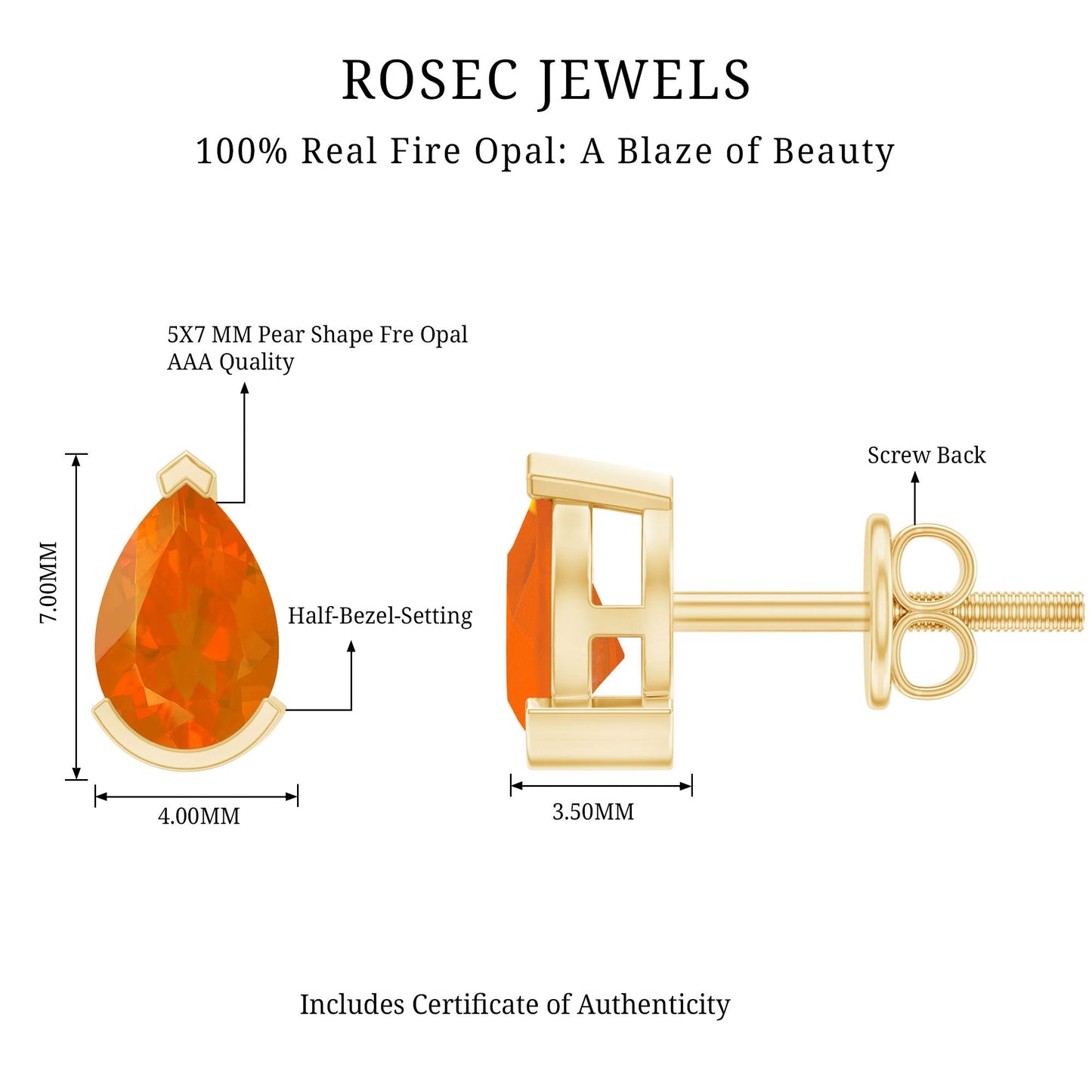 Natural 1 Carat Fire Opal Teardrop Stud Earrings